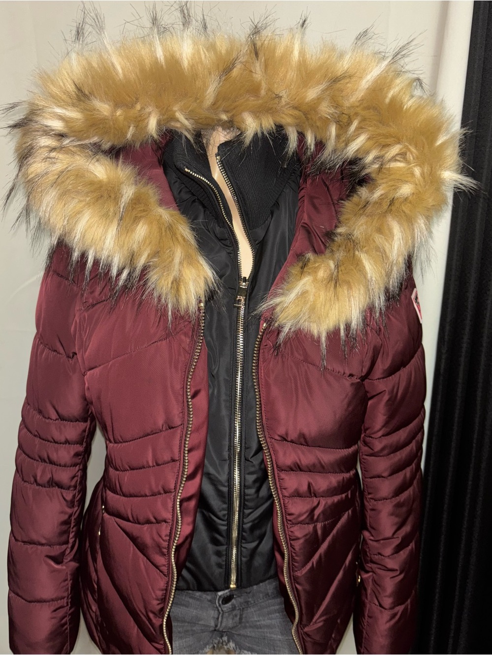 G by Guess Burgundy Quilted Hooded Puffer with Faux Fur Trim